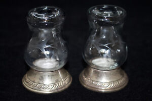 Quaker Weighted Sterling Silver Etched Glass Salt Pepper Shakers Grape Motif