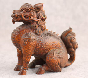 Fortune Chinese Boxwood Kirin Figure Statue Netsuke Collectable Seat Table Decor