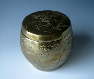 Vintage Brass Tea Caddy Lidded Trinket Jar Container Engraved Etched Dragon Urn