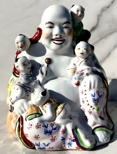 Vintage Chinese Porcelain Laughing Fertility Buddha W 5 Children Figurine Statue