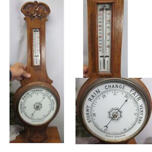 Vintage Oak Aneroid Wheel Barometer Banjo Porcelain Thermometer English 