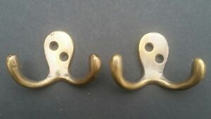 2 Small Double Coat Hat Hooks Solid Brass Antique Vintage Style 2 1 2 C1
