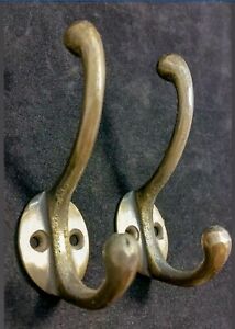 2 Solid Antique Brass Double Coat Hooks W Oval Backplate 3 X 2 C9