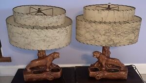 Mid Century Modern Tiger Planter Lamps With Two Tier Oval Fiber Shades Mcm