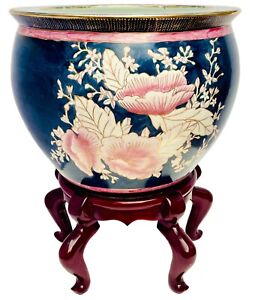 Large Vintage Chinese Porcelain Koi Fish Bowl Dark Blue Gold Pink Florals Stand