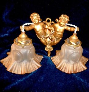 French Antique Rare Sconce 2 Winged Angels Cherubs With 2 Satin Shades