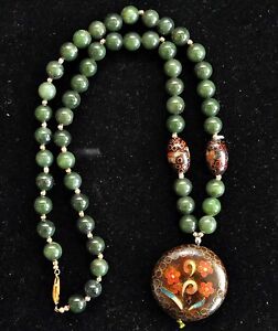 Exquisite Vintage Chinese Cloisonne Grade A Jade With Silver Clasp Necklace