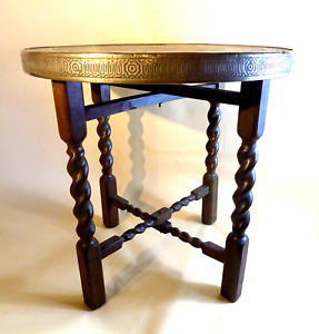 English Antique Barley Twist Folding Table Brass Top Useful Genuine 
