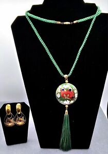 Antique Vintage Cloisonne Necklace Post Dangle Earrings Floral Decal Jewelry Set