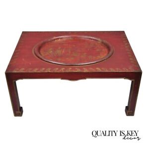 Vtg Red Chinoiserie Oriental Coffee Table With Removable Tole Metal Serving Tray