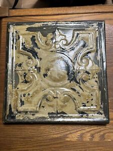 Antique 1800 S 11 Copper Tin Ceiling Tile Mounted On Wood Salvaged Art