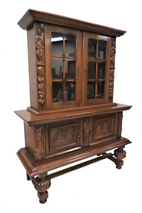 Vintage French China Cabinet Carved Bruegel Style Two Piece With Acorn Feet