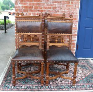 Set Of 4 French Antique Walnut Henry Ii Embossed Leather Dining Chairs