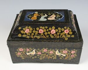 Antique Persian Or Indian Papier Mache Lacquer Box Hand Painted Indo Islamic