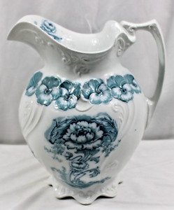 Antique Transferware Large Wash Pitcher Blue Green Poppies Embossed Ironstone