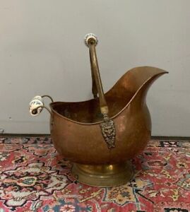 Vintage Scuttle Coal Bucket Copper And Brass Helmet Ceramic Handle Lion S Head