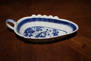 Antique Chinese Export Qing Canton Blue White Open Sauce Gravy Boat 7 25 Long