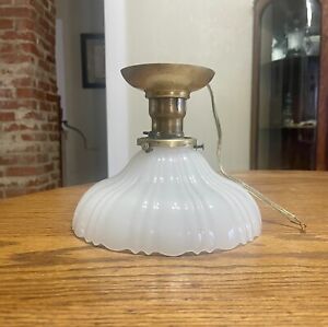 Antique Victorian Art Nouveau Milk Glass Brass Ceiling Light Fixture Edison