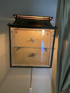 Antique Toile Painted Tin Wall Decorative Lighted Glass Display Cabinet