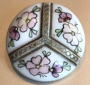 White Victorian Glass Antique Button W Pink Painted Flowers Turn Again Design