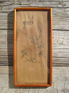 Antique Japanese Camilla Watercolor Ink Painting Signed Suiseki 19th Century