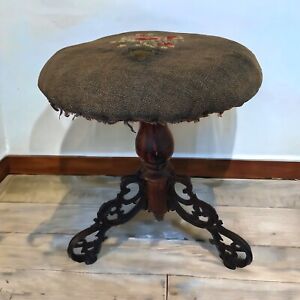 Antique Wood And Cast Iron Needlepoint Seat Piano Chair Vanity