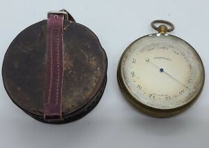 Antique 1800 S Brass Victorian English Maritime Pocket Barometer W Case England