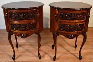 1930s Pair Of French Carved Walnut Nightstands Bedside Tables