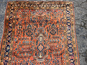 Antique Oriental Rug 4x6 Handmade Wool Red Sarouk