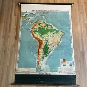 Denoyer Geppert South America Physical Political Pull Down Wall Map 1946 44 X67 