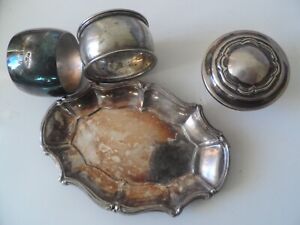 4 X Silver Plate Items 2 X Napkin Rings Trinket Pin Tray Lid With Tudor Rose