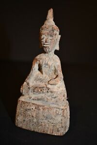 Antique Seated Primitive Wood Buddha Figure From Thailand Southeast Asia