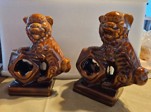 Chinese Foo Dog Pair Brown Glazed Ceramic Figurines 7 3 4 Inch Tall Nice