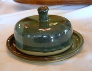 Vintage Signed Art Pottery Glazed Stoneware Covered Cheese Butter Dish