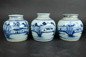 3x Antique Blue And White 18th Century Chinese Vases