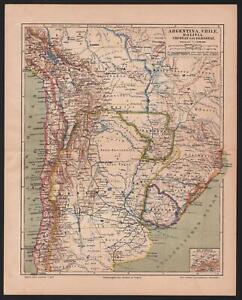 Antique Map South America Argentina Chile Bolivia Uruguay Paraguay 1886