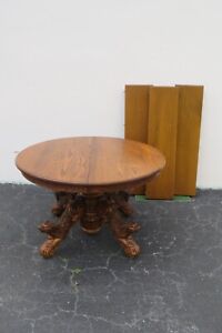 Heavy Hand Carved Hunting Dogs Oak Dinette Dining Table And 3 Leaves 5346