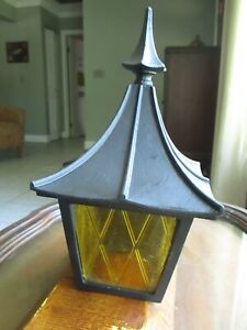 Vintage Cast Metal Porch Light Fixture Amber Etched Glass All Original