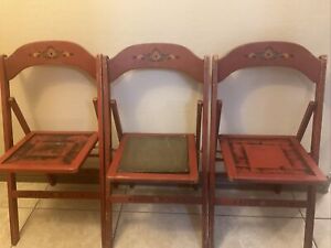 3 Antique Pennsylvania Dutch Style Stenciled Folding Chairs Original Red Paint