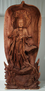 Guan Yin 19th Century Hand Carved Wooden Statue Flowing Robes Riding On A Fish