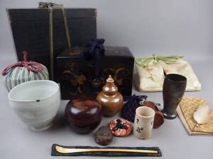 Japanese Antiques Tea Utensils Bowl Old Makie Nashiji Paulownia Pattern Tea Box