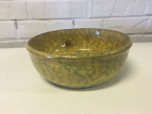 Antique Sponge Ware Yellow War Ceramic Pottery Bowl 8 1 4 