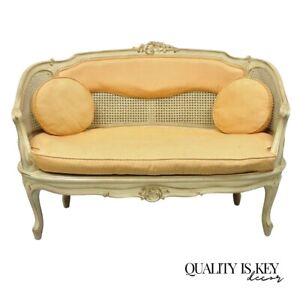 Vintage French Louis Xv Victorian Style Small Cane Cream Settee Loveseat Sofa