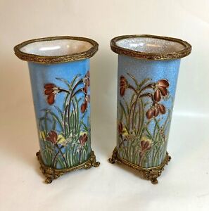 Pair 9 Art Nouveau Porcelain Vases Edwardian Floral Brass Ormolu Crackled Vtg