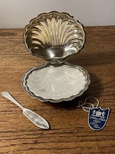 Vintage Silverplate Clam Shell Shaped Butter Server Dish W Glass Insert Knife