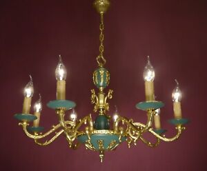 Empire Chandelier Medium 8 Lights Brass Green Varnish Lamp French Old 26 