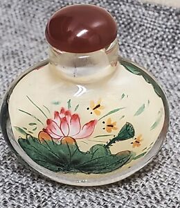 Vtg Chinese Reverse Painted Glass Snuff Bottle Double Sided Lotus Flower Design
