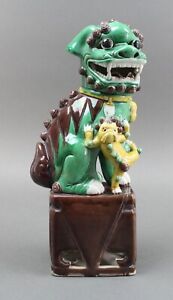 Antique Chinese Enamel Glazed Pottery Temple Foo Dog Guardian Lion Statue Figure