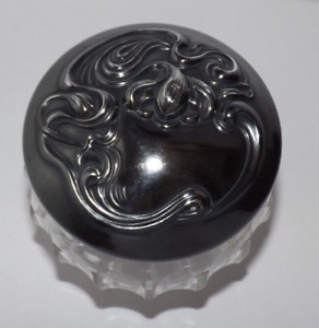 Vintage Sterling Silver Art Nouveau Cut Crystal Glass Dresser Powder Jar 1904