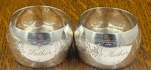 Father Mother Engraved Silver Napkin Rings Birmingham 1912
